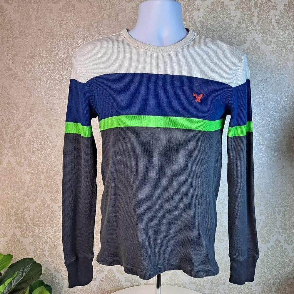 American Eagle Outfitters Size XS WaffleWeave Pullover Cream/Gray/Blue/Green EUC